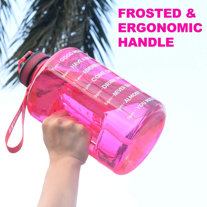SLUXKE 1 Gallon Water Bottle with Time Marker BPA Free Motivational, 128oz Leak Proof Water Bottle Jug with Handle and Straw Pink - Image 2