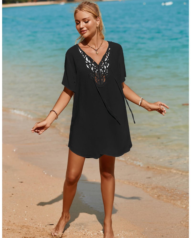 SimpleFun Black Swimsuit Cover Up Womens Summer Swim Cover Ups Dress Lace Solid Color Flowy Bathing Suit Coverups M - Image 5