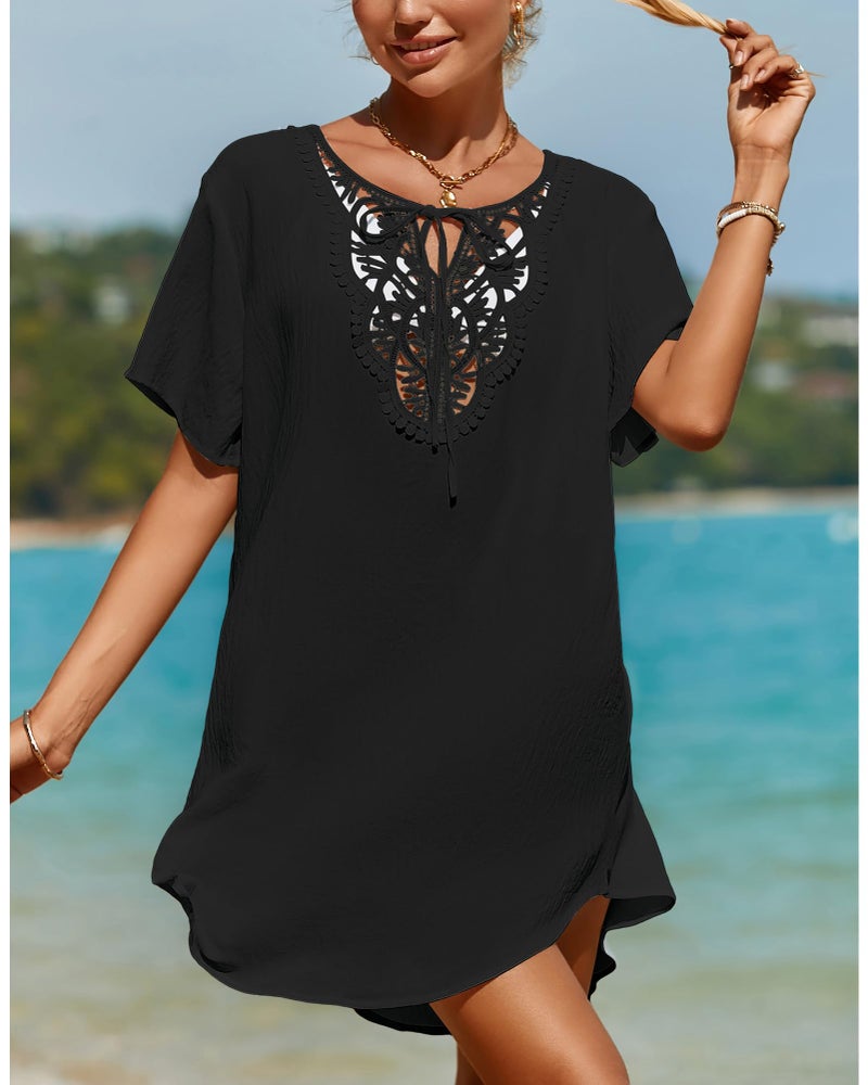 SimpleFun Black Swimsuit Cover Up Womens Summer Swim Cover Ups Dress Lace Solid Color Flowy Bathing Suit Coverups M - Image 3