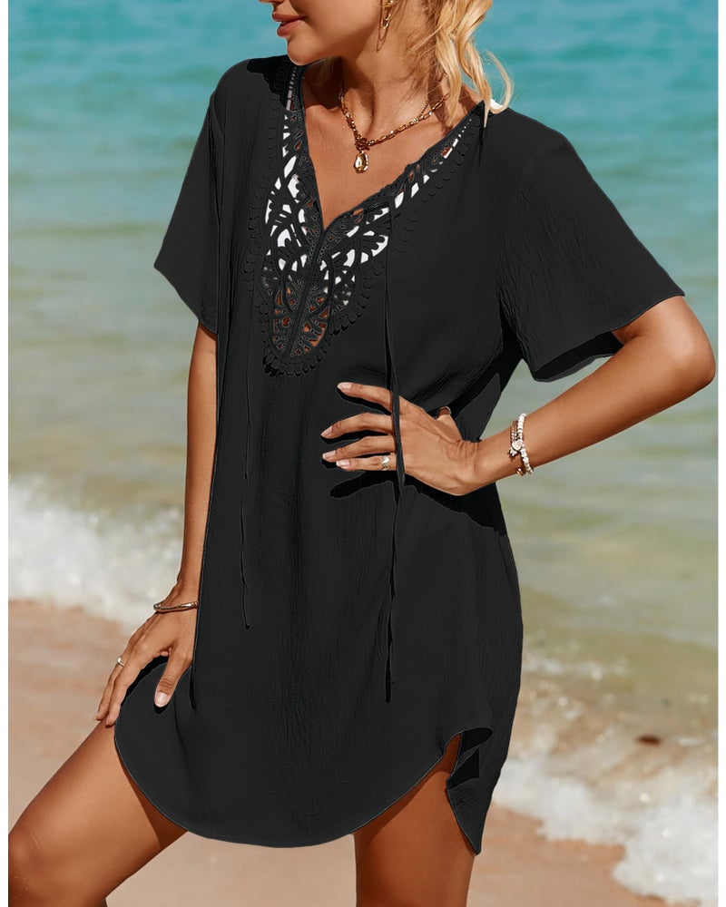 SimpleFun Black Swimsuit Cover Up Womens Summer Swim Cover Ups Dress Lace Solid Color Flowy Bathing Suit Coverups M - Image 2