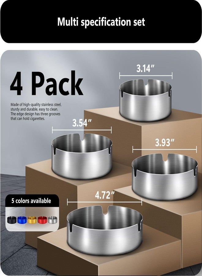 roygra Ash Tray (4 Pack), Outdoor Ashtray for Outside Patio, Stainless Steel Ashtrays for Cigarettes with 3 Holder, Smoking Accessories, Home Décor, Ashtrays for Smokers Indoor - 8-9-10-12cm - Silver - Image 2