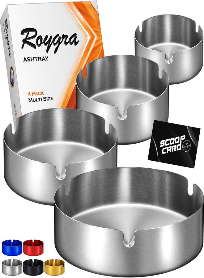roygra Ash Tray (4 Pack), Outdoor Ashtray for Outside Patio, Stainless Steel Ashtrays for Cigarettes with 3 Holder, Smoking Accessories, Home Décor, Ashtrays for Smokers Indoor - 8-9-10-12cm - Silver - Image 1