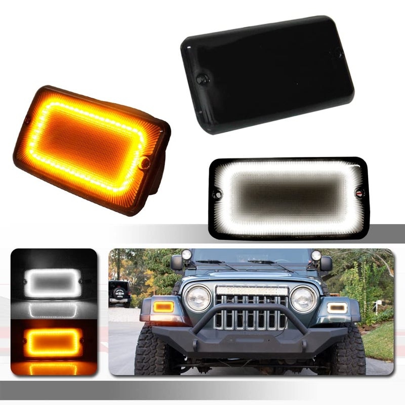 Tonsya For 1997 1998 1999 2000 2001 2002 2003 2004 2005 2006 Jeep Wrangler TJ Front Corner Turn Signal Parking Lights Daytime running lamps 2 IN 1 Smoked Lens 55157033AA 55157032AA