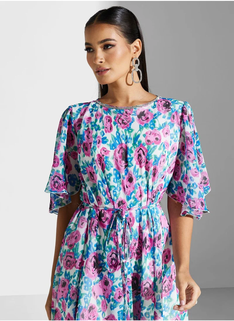 Golden Apple Floral Chiffon Dress