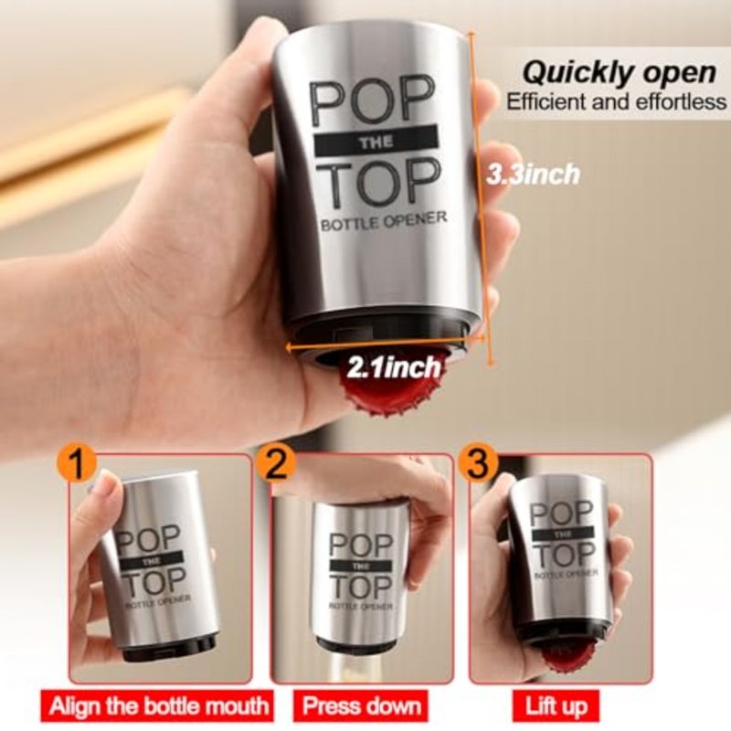 The Top Bottle Opener, Automatic Beer Bottle Opener with Magnetic Cap Catcher, Pushand Stainless Steel One Handed Bottle Openers for Bar Kitchen Home Restaurant Beer Gift - Image 4
