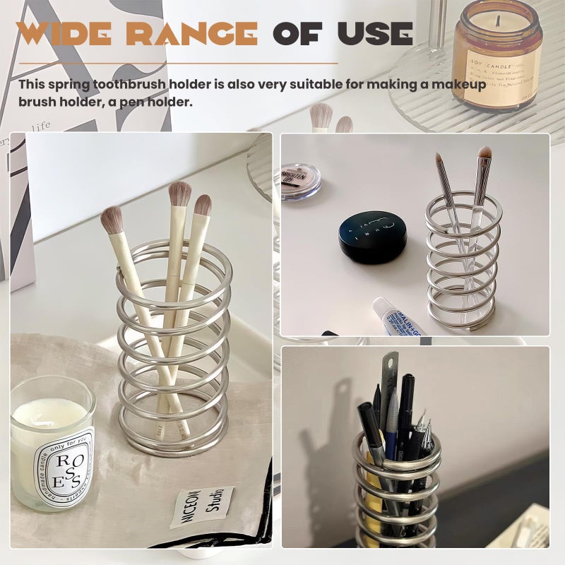 WREWING Spring Toothbrush Holder, Stainless Steel Spring Shaped Desktop Toothbrush Holder, Multifunctional Pen Holder Makeup Brush Toothbrush Storage for Bathroom Tabletop Dressing Table and Sink (Silvery) - Image 4