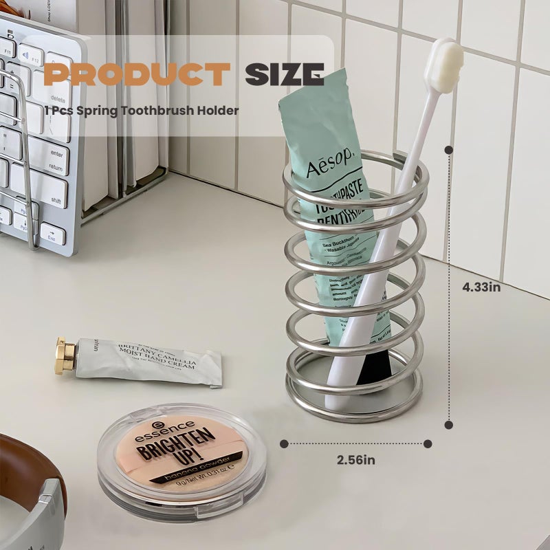 WREWING Spring Toothbrush Holder, Stainless Steel Spring Shaped Desktop Toothbrush Holder, Multifunctional Pen Holder Makeup Brush Toothbrush Storage for Bathroom Tabletop Dressing Table and Sink (Silvery) - Image 2