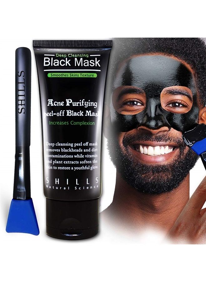 Shills Charcoal Mask for Men, Purifying Peel Off Mask, Black Mask Peel Off, Black Mask Deep Clean Pore, Blackhead Remover, 1 Bottle (1.69 fl. oz) and a Brush Set - Image 1