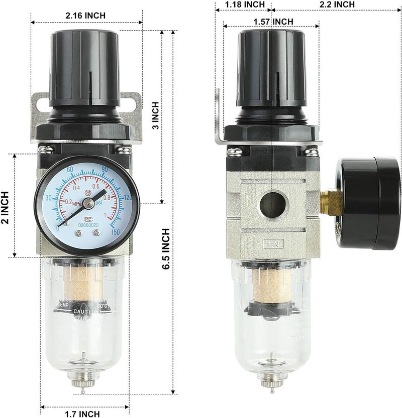 Hromee 1/4 Inch Air Compressor Filter Regulator Combo with Water Oil Separator, Pressure Gauge, Manual Drain, Ball Valve and Bracket - Image 4