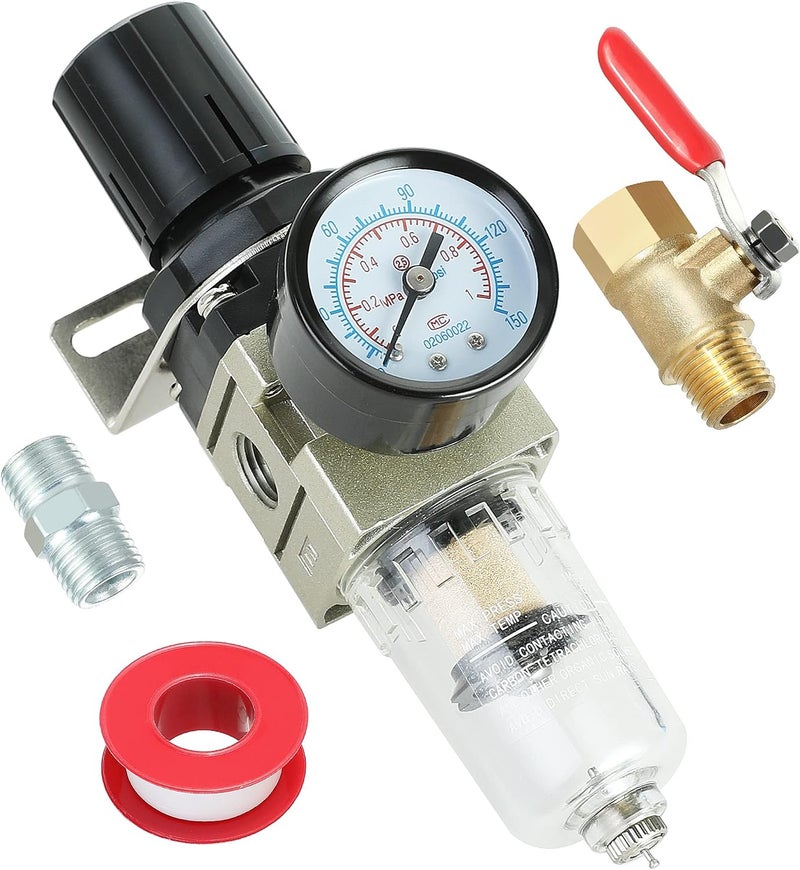 Hromee 1/4 Inch Air Compressor Filter Regulator Combo with Water Oil Separator, Pressure Gauge, Manual Drain, Ball Valve and Bracket - Image 1
