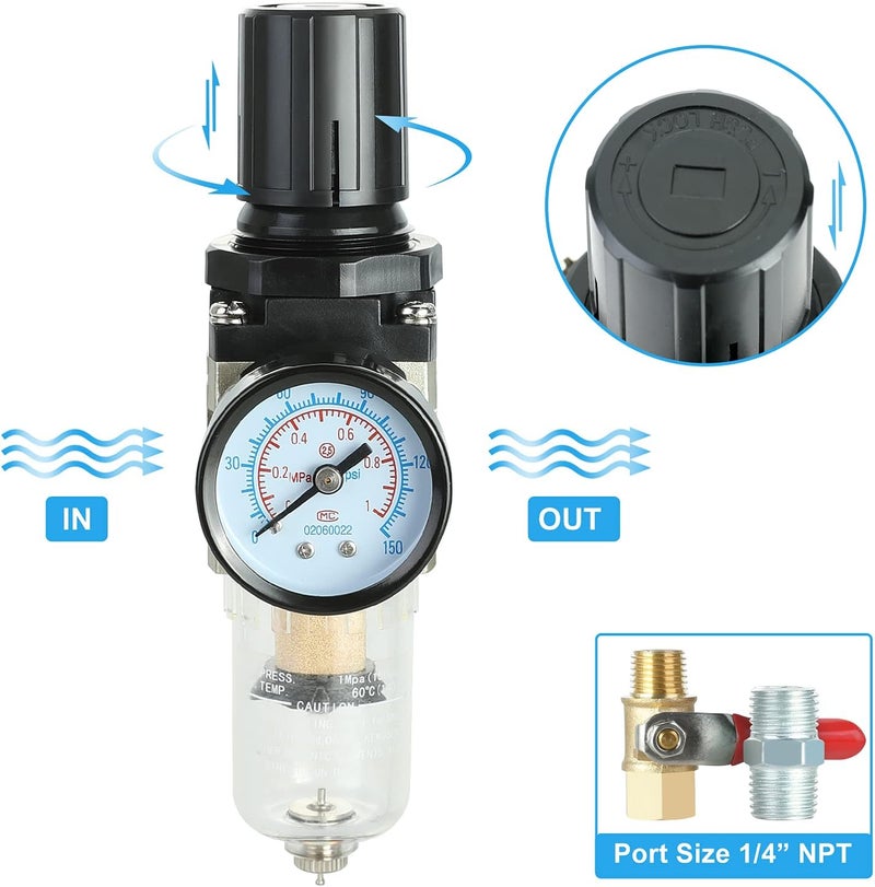 Hromee 1/4 Inch Air Compressor Filter Regulator Combo with Water Oil Separator, Pressure Gauge, Manual Drain, Ball Valve and Bracket - Image 3