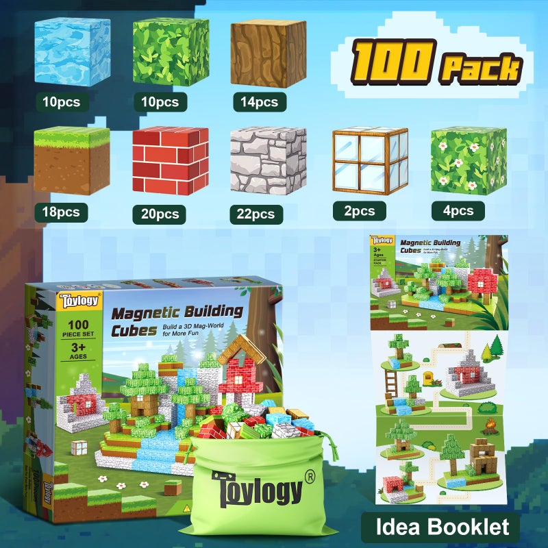 Toylogy 100 قطعة كتل مغناطيسية - مجموعة بناء عالم المغناطيس الخاصة بي للأولاد والبنات من عمر 3-5 و 6-8، ألعاب STEM الحسية للأطفال من 3 سنوات فما فوق، مكعبات مغناطيسية بحجم 1 بوصة، أدوات أساسية في الفصل الدراسي لألعاب البناء - Image 4