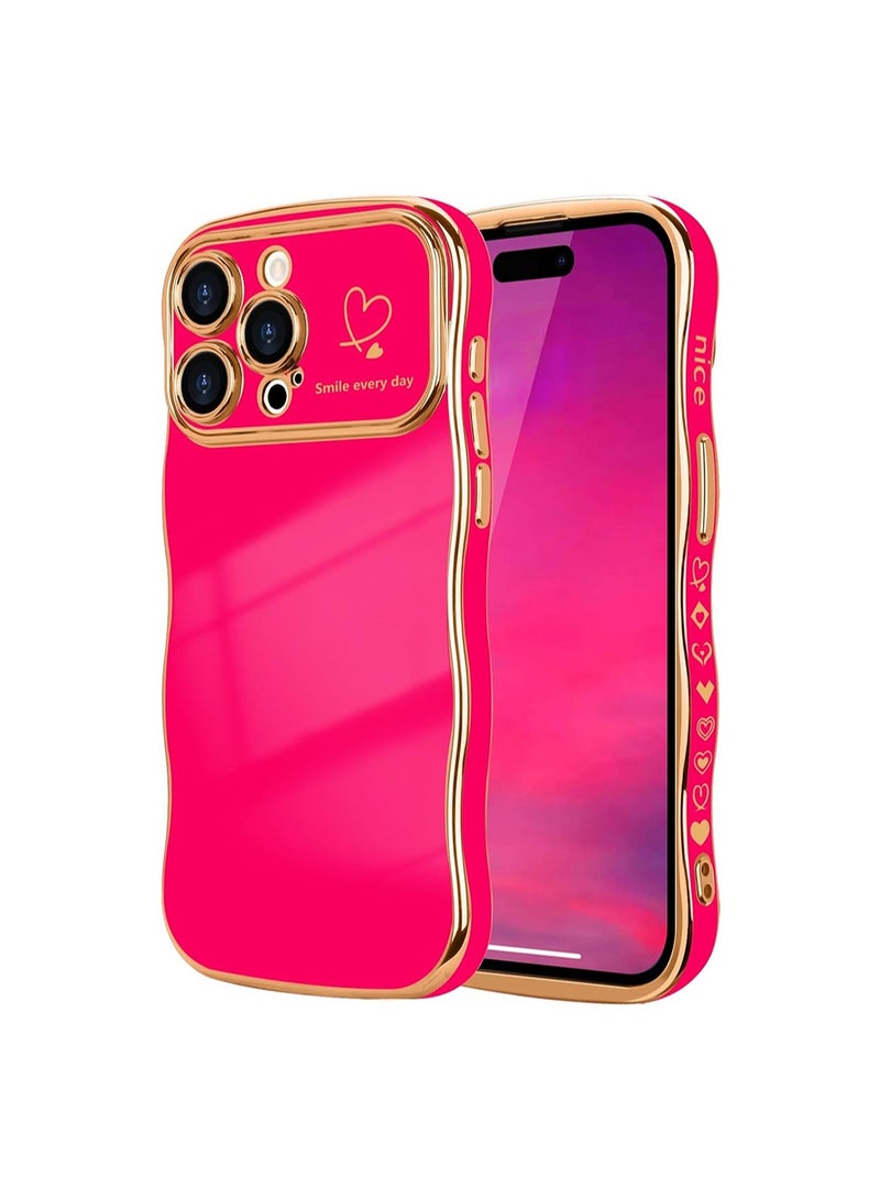WRISTWISE Case Cover for iPhone 15 Pro Max for Women Girls, Cute Wave Frame Curly Shape with Love Heart Raised Camera Protection Cover Luxury Plating Shockproof Phone Case for iPhone 15 Pro Max, Pink - Image 1