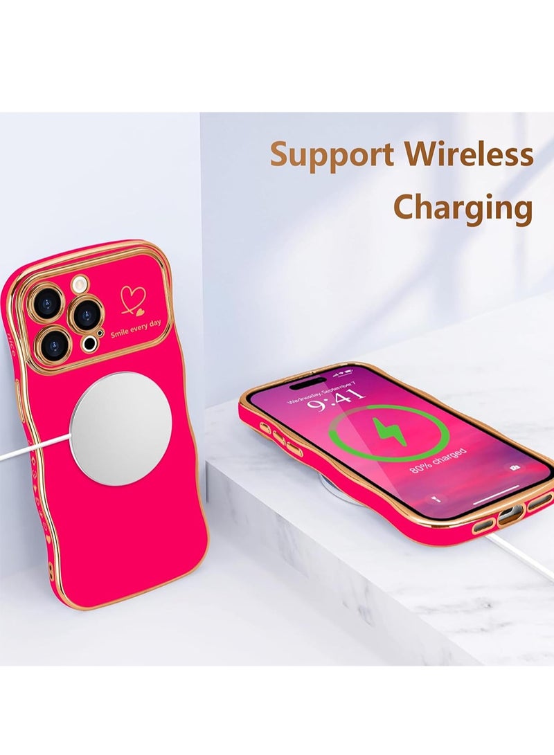 WRISTWISE Case Cover for iPhone 15 Pro Max for Women Girls, Cute Wave Frame Curly Shape with Love Heart Raised Camera Protection Cover Luxury Plating Shockproof Phone Case for iPhone 15 Pro Max, Pink - Image 2