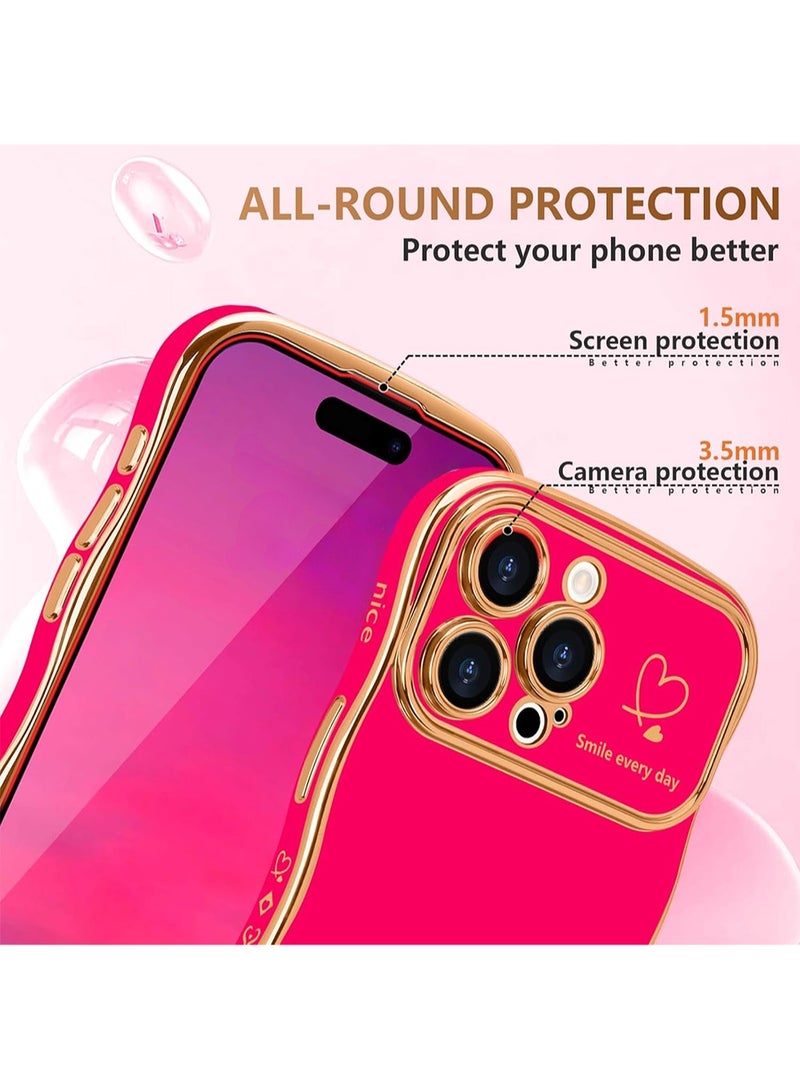 WRISTWISE Case Cover for iPhone 15 Pro Max for Women Girls, Cute Wave Frame Curly Shape with Love Heart Raised Camera Protection Cover Luxury Plating Shockproof Phone Case for iPhone 15 Pro Max, Pink - Image 4