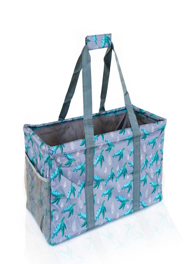 Lucazzi Extra Large Utility Tote Bag - Oversized Collapsible Reusable Wire Frame Rectangular Canvas Basket With Two Exterior Pockets For Beach, Pool, Laundry, Car Trunk, Storage - Turtle - Image 1