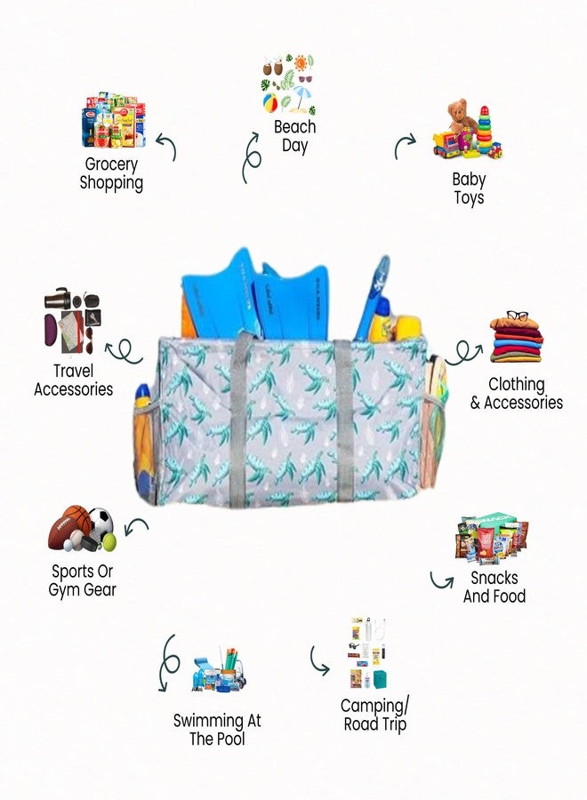 Lucazzi Extra Large Utility Tote Bag - Oversized Collapsible Reusable Wire Frame Rectangular Canvas Basket With Two Exterior Pockets For Beach, Pool, Laundry, Car Trunk, Storage - Turtle - Image 3