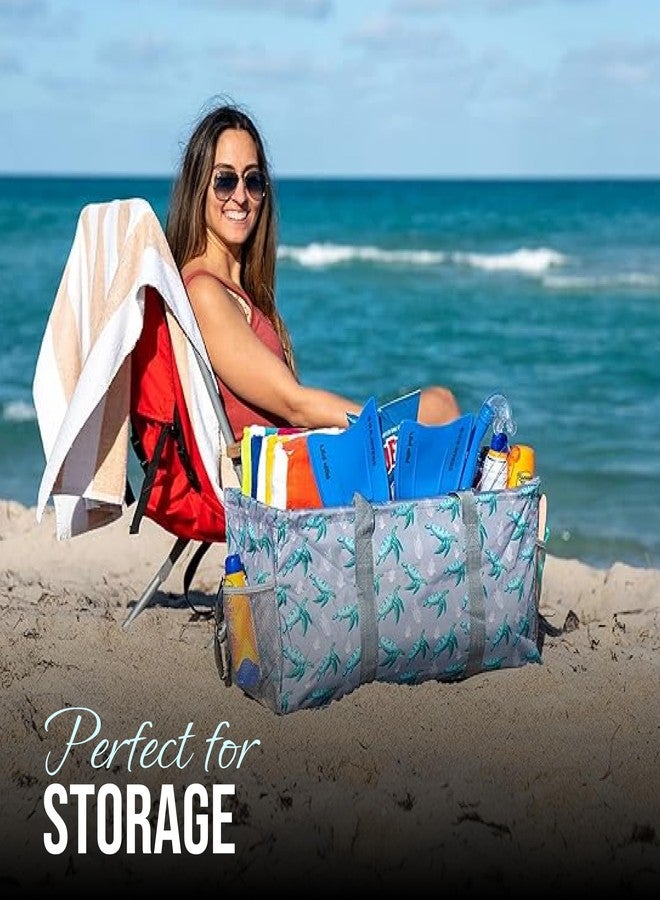 Lucazzi Extra Large Utility Tote Bag - Oversized Collapsible Reusable Wire Frame Rectangular Canvas Basket With Two Exterior Pockets For Beach, Pool, Laundry, Car Trunk, Storage - Turtle - Image 2