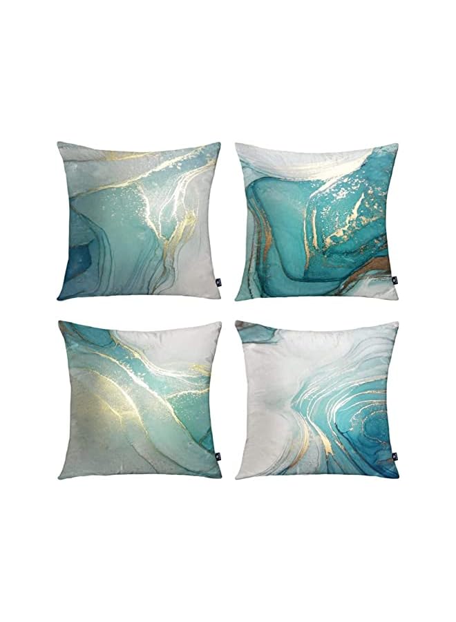 Excefore Pillow Covers, Marble Texture Turquoise and Gold Silver Decorative Pillow Case Set of 4, Luxury Abstract Fluid Art Ink Soft Velvet Square Cushion Covers for Bed Sofa Home Decor, 45 x 45cm - Image 2
