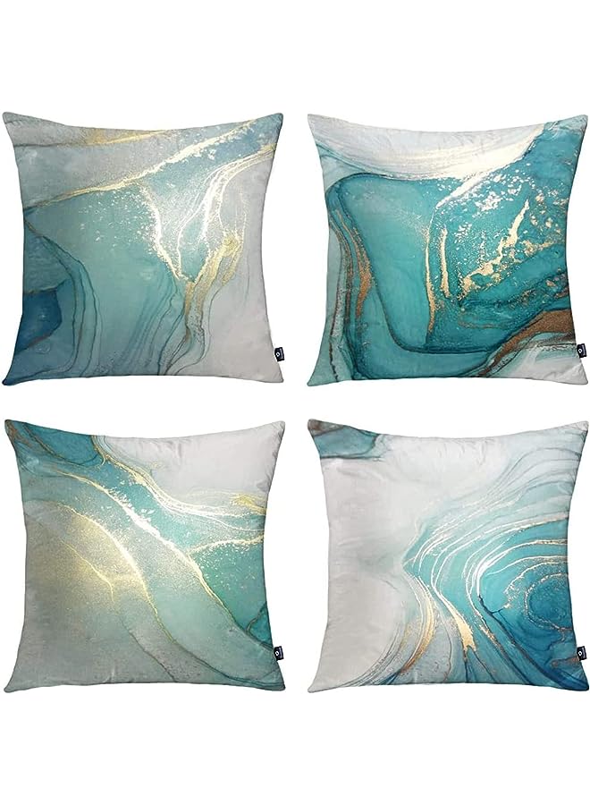 Excefore Pillow Covers, Marble Texture Turquoise and Gold Silver Decorative Pillow Case Set of 4, Luxury Abstract Fluid Art Ink Soft Velvet Square Cushion Covers for Bed Sofa Home Decor, 45 x 45cm - Image 1
