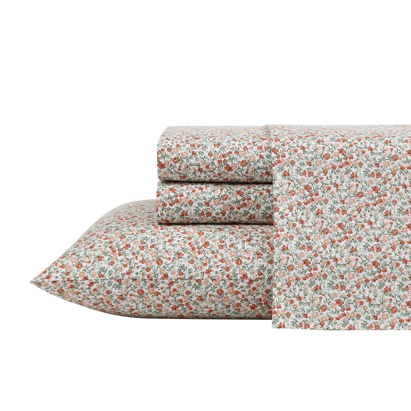Laura Ashley Queen Size Sheet Set Crisp Cotton Percale Bedding with Matching Pillowcases Fully Elastic Fitted Sheet Deep Pocket Floral Room Decor Breathable AllSeason Comfort Emogene Orange - Image 2