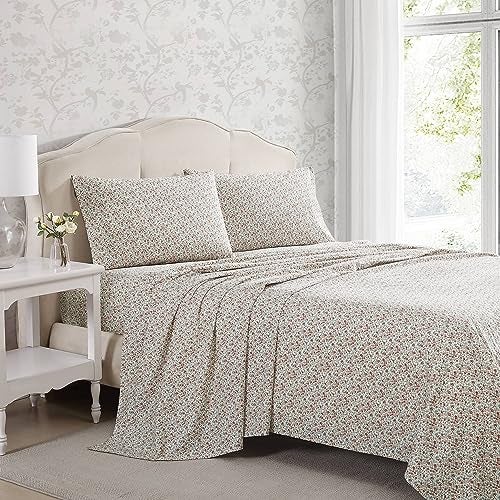 Laura Ashley Queen Size Sheet Set Crisp Cotton Percale Bedding with Matching Pillowcases Fully Elastic Fitted Sheet Deep Pocket Floral Room Decor Breathable AllSeason Comfort Emogene Orange - Image 3