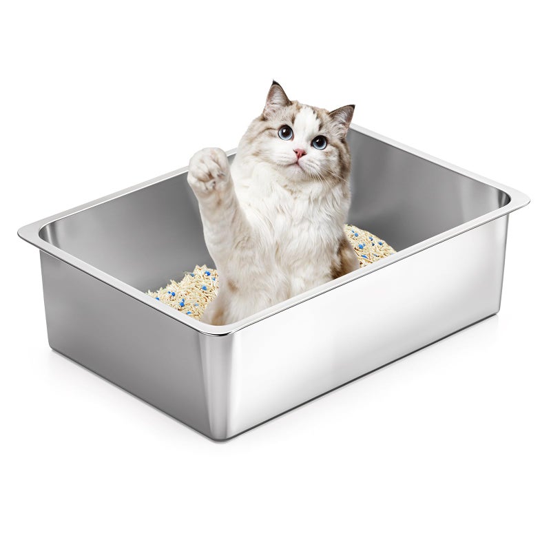 Kirecoo Stainless Steel Cat Litter Box Large Metal High Sided Cat Pan Box Indoor Litter Tray Non Stick No Smell Easy to Clean Pet Toilet Supplies for Cats - Image 2