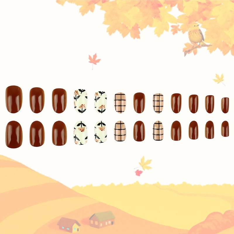 WULIUFLY Multiple options Fall Press on Nails Almond Fake Nails Brown False Nails with Mushroom Flower Designs Acrylic Nails Brown Fall Glue on Nails Glossy Short Artificial Nails Stick on Nails for Women Nail Manicure 24PCS Instant order available stock - Image 4