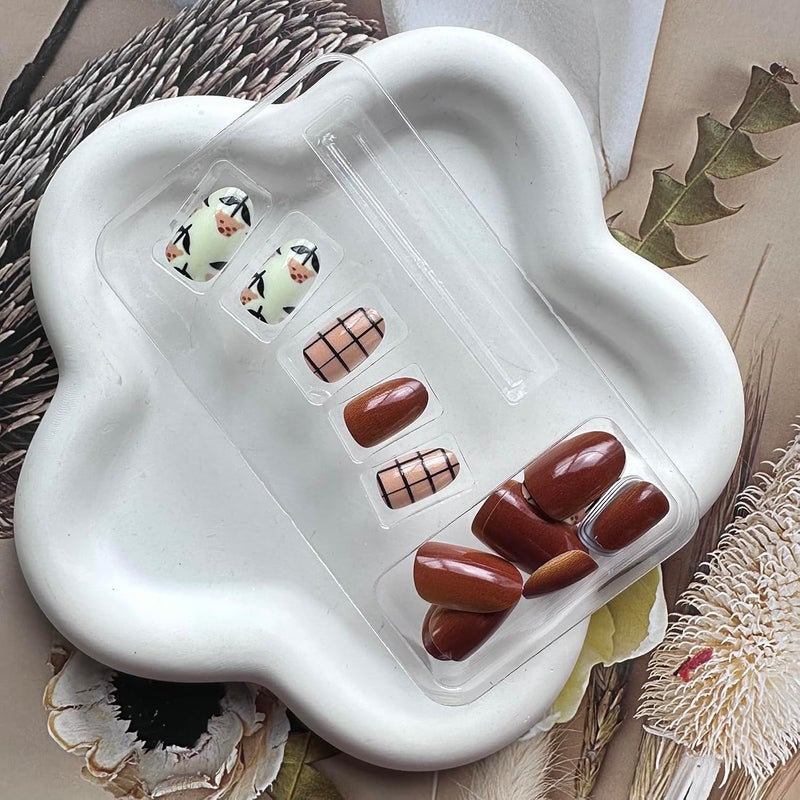 WULIUFLY Multiple options Fall Press on Nails Almond Fake Nails Brown False Nails with Mushroom Flower Designs Acrylic Nails Brown Fall Glue on Nails Glossy Short Artificial Nails Stick on Nails for Women Nail Manicure 24PCS Instant order available stock - Image 5