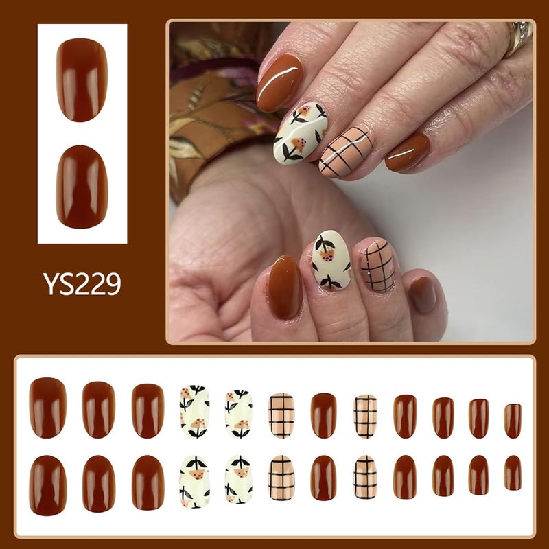 WULIUFLY Multiple options Fall Press on Nails Almond Fake Nails Brown False Nails with Mushroom Flower Designs Acrylic Nails Brown Fall Glue on Nails Glossy Short Artificial Nails Stick on Nails for Women Nail Manicure 24PCS Instant order available stock - Image 2