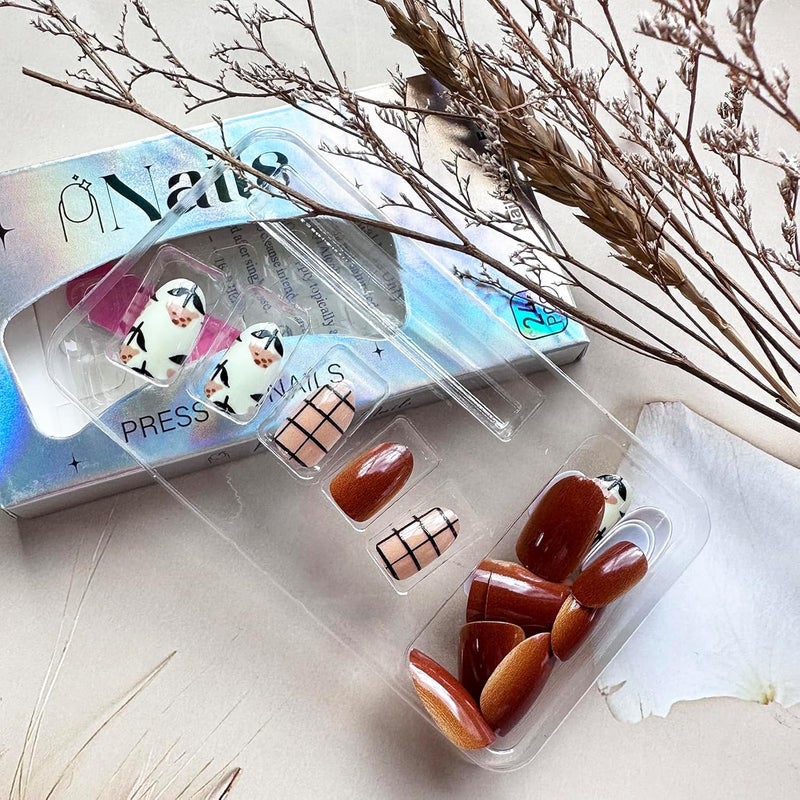 WULIUFLY Multiple options Fall Press on Nails Almond Fake Nails Brown False Nails with Mushroom Flower Designs Acrylic Nails Brown Fall Glue on Nails Glossy Short Artificial Nails Stick on Nails for Women Nail Manicure 24PCS Instant order available stock - Image 3
