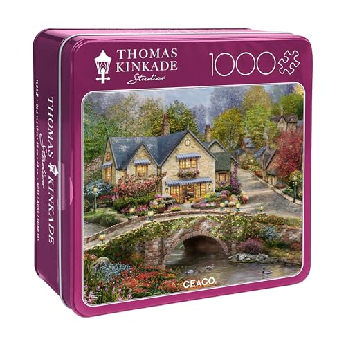 Buffalo Games Ceaco Summer in Cobblestone Village Thomas Kinkade 1000 Piece Jigsaw Puzzle in Premium Collectors Tin Fun Challenge for Adults Families - Image 1