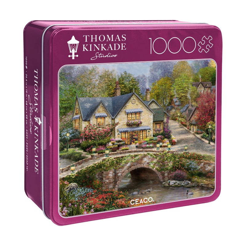 Buffalo Games Ceaco Summer in Cobblestone Village Thomas Kinkade 1000 Piece Jigsaw Puzzle in Premium Collectors Tin Fun Challenge for Adults Families - Image 3