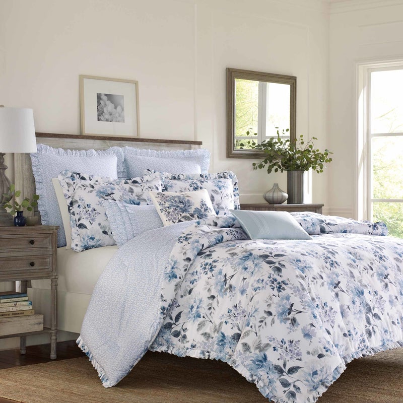 LAURA ASHLEY Laura Ashley Home  Queen Comforter Set Reversible Cotton Bedding with Matching Shams Stylish Home Decor for All Seasons Chloe Blue Queen 