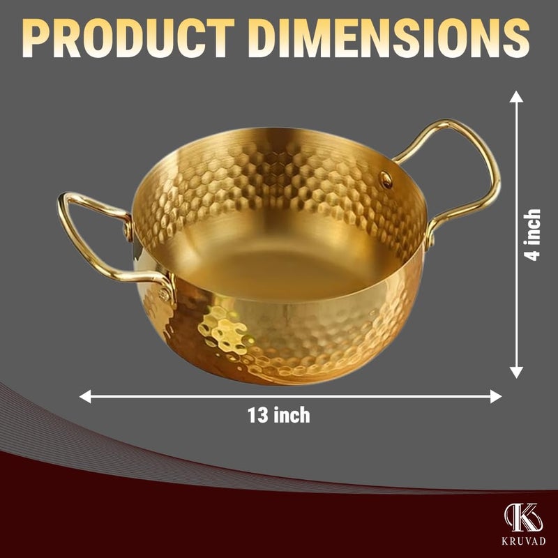 Kruvad Pure Brass Hammered Traditional Indian Cooking Serving Pot Induction with Hold Handle Wok Made for Vegetable Pasta Noodle Milk Cookware Ayurvedic Health Benefited Kadhai 28x18x10 CM - Image 2