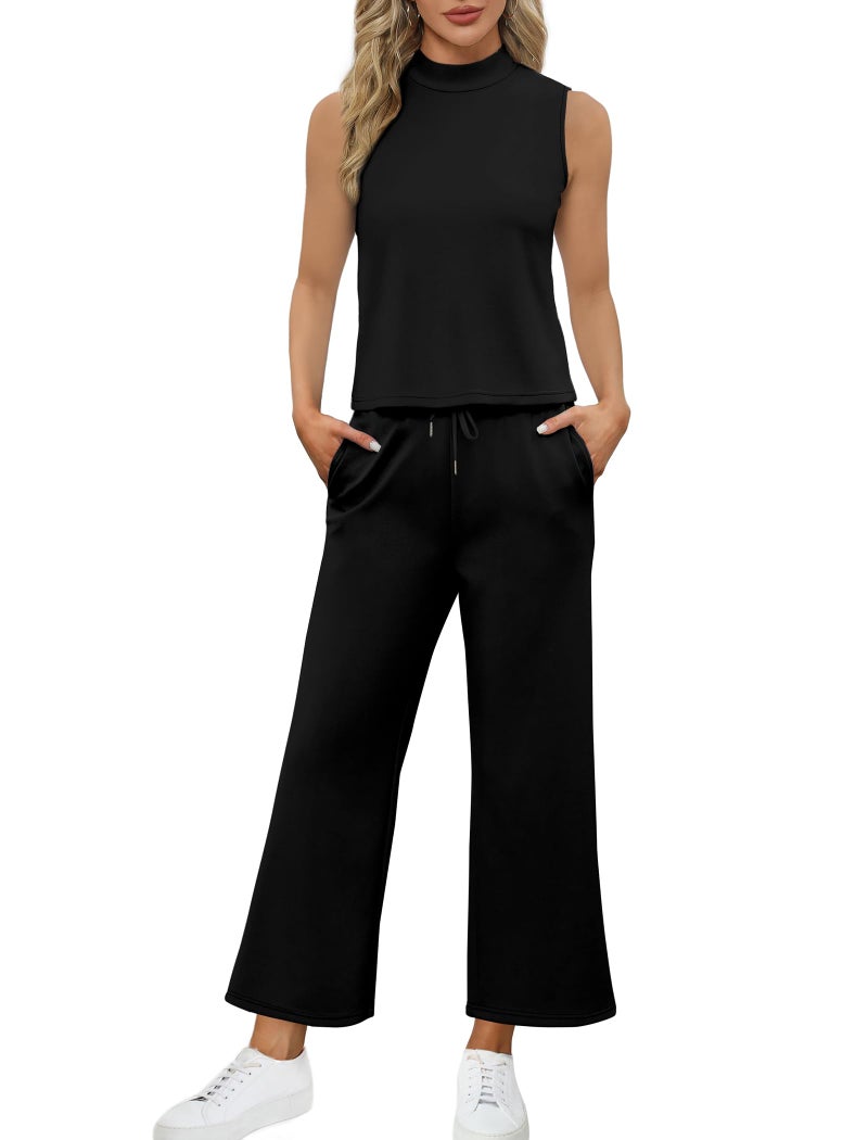 Sampeel Two Piece Set for Women Summer Outfits Matching Sets Women Clothing Lounge Sets Business Casual Outfits Travel Mock Neck Tops Wide Leg Pants Set Black XL - Image 3