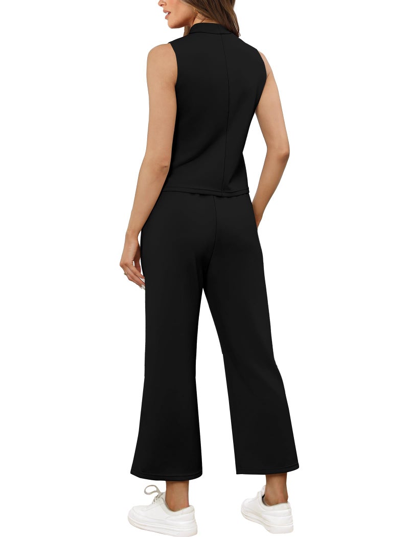 Sampeel Two Piece Set for Women Summer Outfits Matching Sets Women Clothing Lounge Sets Business Casual Outfits Travel Mock Neck Tops Wide Leg Pants Set Black XL - Image 5