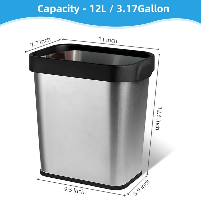 TooCust 2 Pack Stainless Steel Trash Can 3 Gallon, Open Top Trash Can, 8" x 11" x 13", Rectangle Rubbish Bin, Slim and Narrow, No Lid Small Wastebasketfor Kitchen, Bathroom, Living Room, Office - Image 3