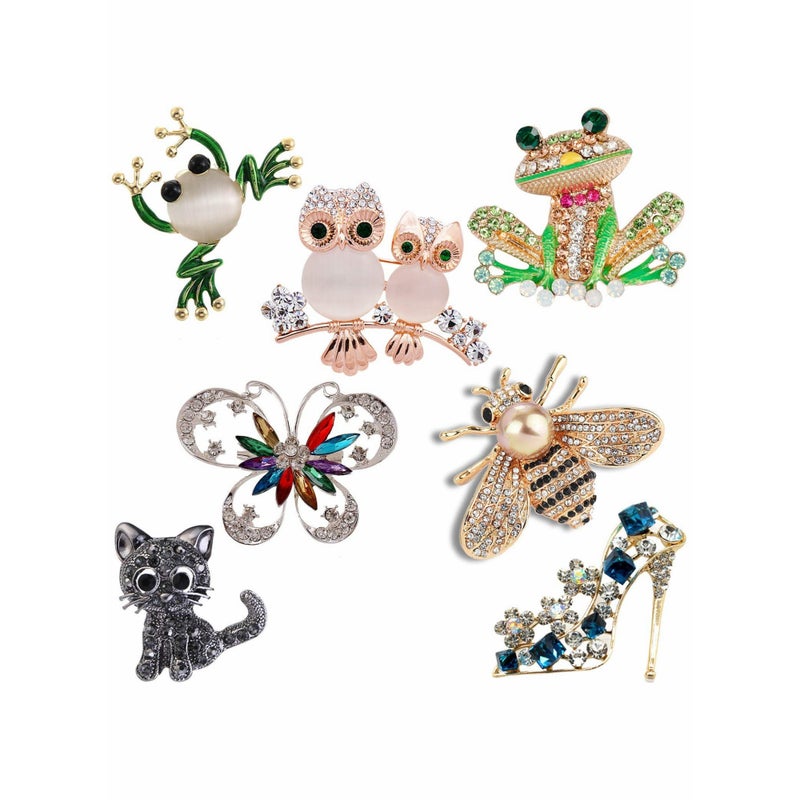 SOLARAE 7 Pieces Women Brooch Set Crystal Pin Vintage with Dragonfly Butterfly Hummingbird Owl Elephant Peacock Bee Animal and Insect Brooch Pin for Women Girls enamel - Image 1
