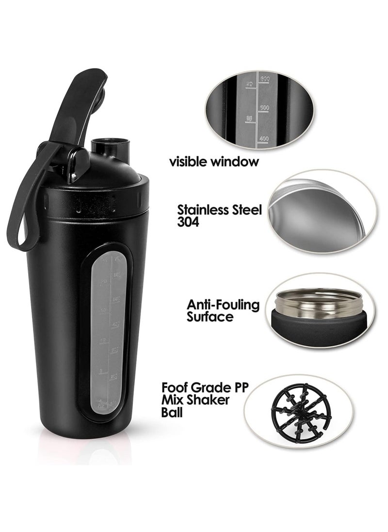 Arabest - Protein Shaker Bottle Stainless Steel, 700ML Leak-Proof Protien Shake Container, Sports Water Bottle with Mixing Ball, BPA Free Easy Clean Bottles for Protein Mixes Gym Workout Fitness(Black) - Image 1