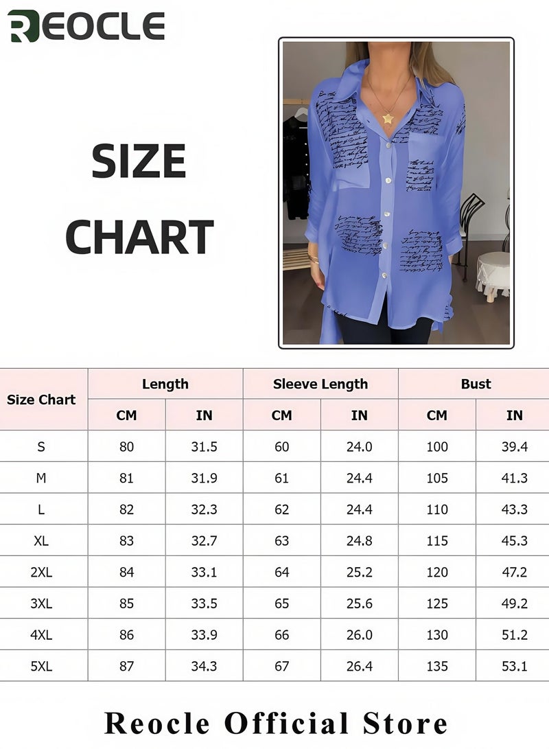 REOCLE Women's Shirts Letter Print Fashion Lapel Shirt Long Sleeve Newspaper Print and Button Casual Loose Shirt Long Sleeve Cool Shirt - Image 5