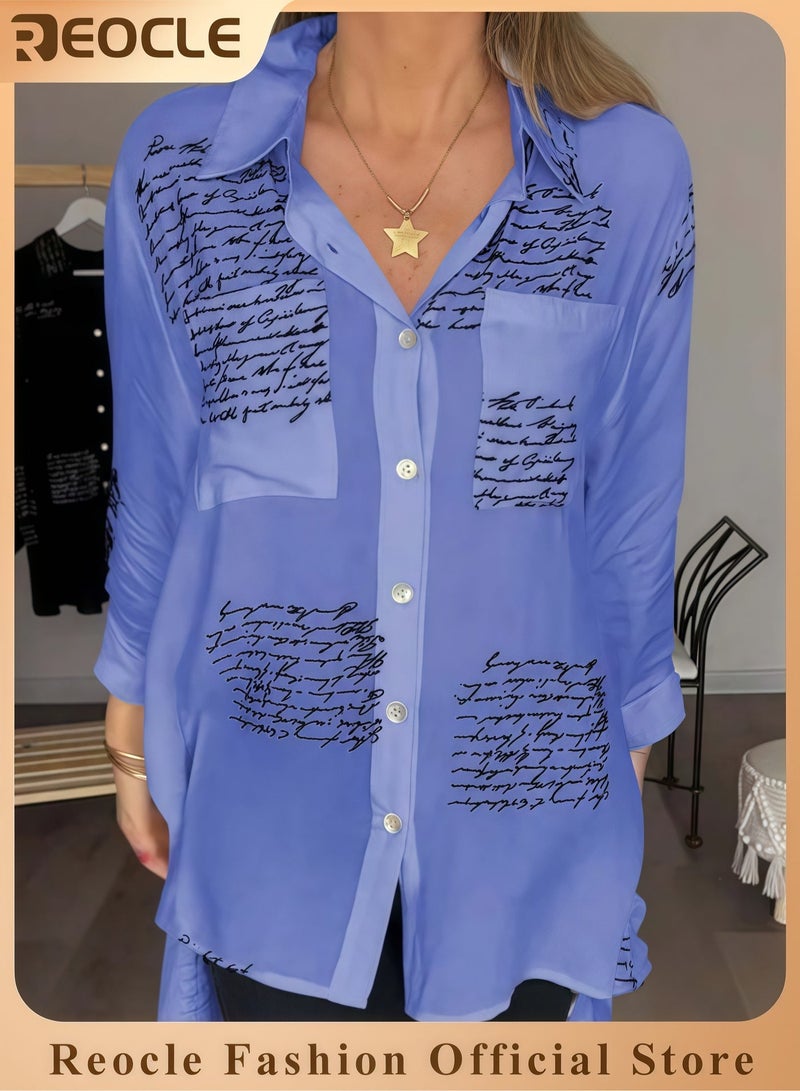 REOCLE Women's Shirts Letter Print Fashion Lapel Shirt Long Sleeve Newspaper Print and Button Casual Loose Shirt Long Sleeve Cool Shirt - Image 1
