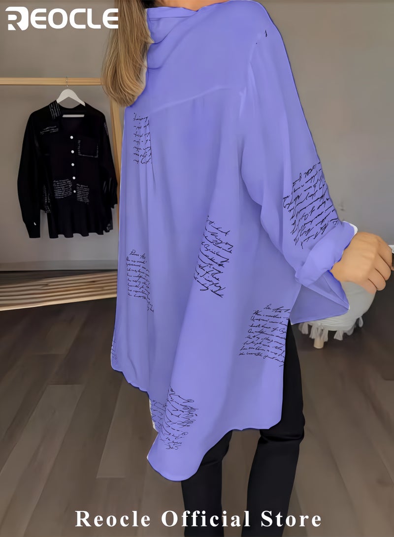 REOCLE Women's Shirts Letter Print Fashion Lapel Shirt Long Sleeve Newspaper Print and Button Casual Loose Shirt Long Sleeve Cool Shirt - Image 3