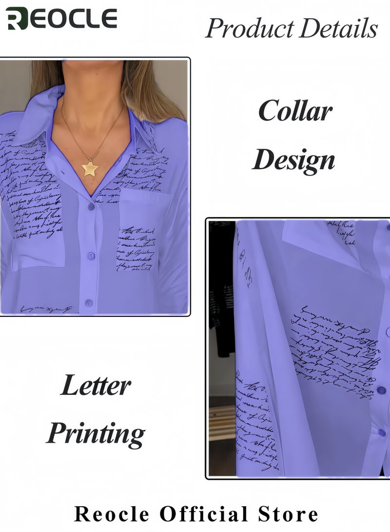 REOCLE Women's Shirts Letter Print Fashion Lapel Shirt Long Sleeve Newspaper Print and Button Casual Loose Shirt Long Sleeve Cool Shirt - Image 4