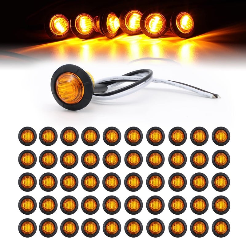 TMH 50 pcs 3/4 Inch Mount Amber 3 LED Mini Round Trailer Side Marker Indicator Lights Clearance Button Signal Lamps Universal for Trucks Lorry Boat Pickup Bus Caravan RV Waterproof Sealed Bulbs 12V DC - Image 1