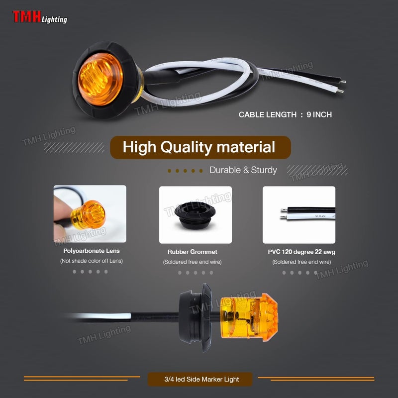 TMH 50 pcs 3/4 Inch Mount Amber 3 LED Mini Round Trailer Side Marker Indicator Lights Clearance Button Signal Lamps Universal for Trucks Lorry Boat Pickup Bus Caravan RV Waterproof Sealed Bulbs 12V DC - Image 3