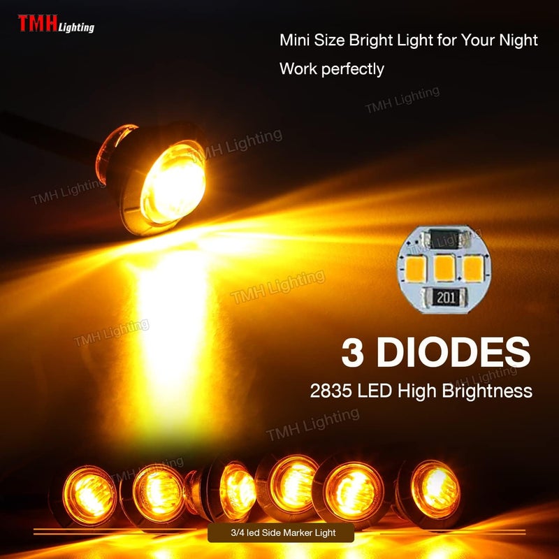 TMH 50 pcs 3/4 Inch Mount Amber 3 LED Mini Round Trailer Side Marker Indicator Lights Clearance Button Signal Lamps Universal for Trucks Lorry Boat Pickup Bus Caravan RV Waterproof Sealed Bulbs 12V DC - Image 4