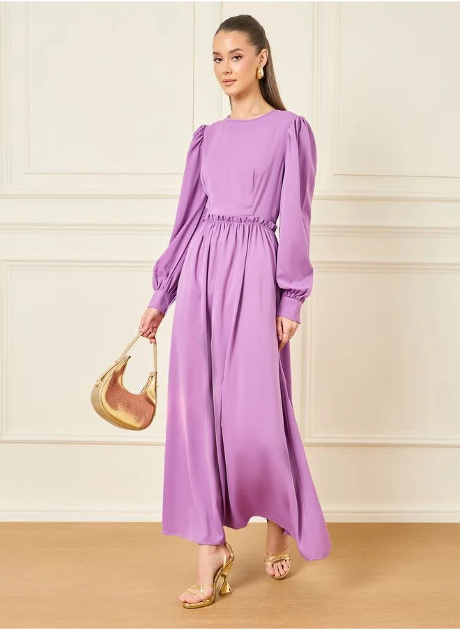 Styli Puff Sleeves Ruffle Detail A-Line Maxi Dress