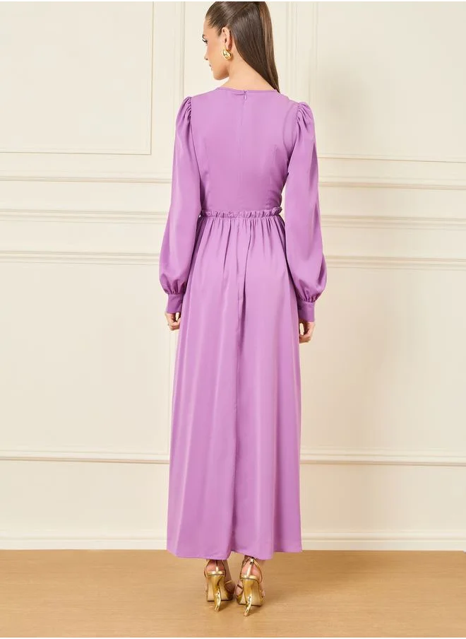 Styli Puff Sleeves Ruffle Detail A-Line Maxi Dress