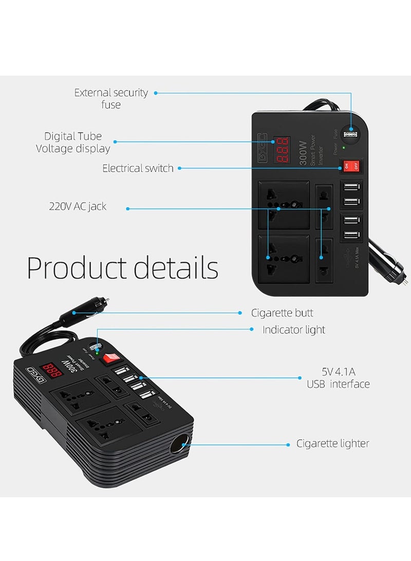 Generic 300W Car Inverter, 12V to 220V Power Converter with 4 USB Ports, Universal Socket, Notebook Charging, Car Cigarette Lighter Adapter  - Image 5